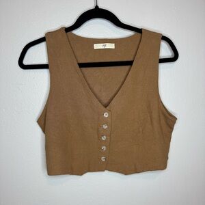 NLT Tan Cropped Button Front V-Neck Vest Tank